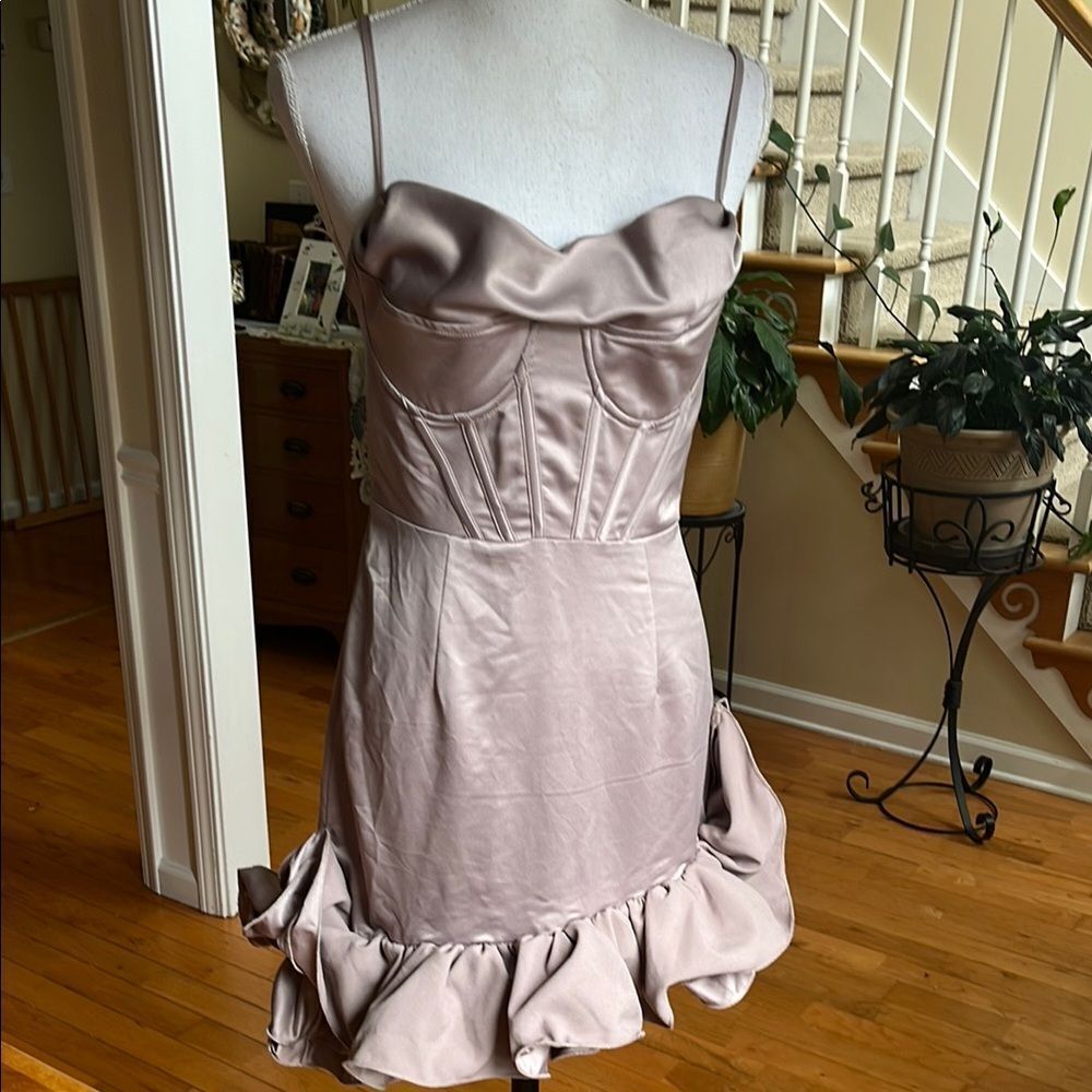 NWT Pretty Little Things Mauve Corset Cowl Strappy Satin Bodycon Dress